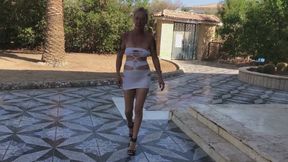 Walking in short dress and Heels, showing Tits and Pussy