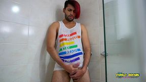 hot colombian guy pissing all over his body and jerking off - camilo brown