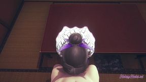 kimetsu no yaiba hentai - shinobu blowjob sitting in a table with creampie - japanese asian manga anime game porn