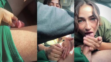 Brunette gets her mouth fucked with cum in car handjob