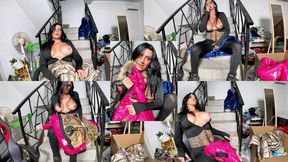 Dominant MILF Fur Hooded Downjacket Masturbation. Spandex Cameltoe, Smoking and Orgasm