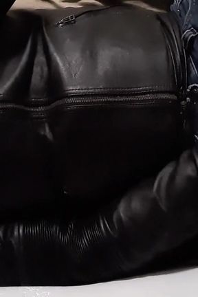 Gay fag jerks and cums on leather jacket