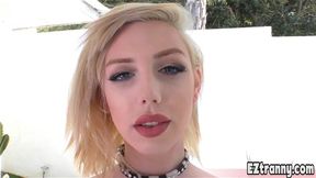 Skinny teen tranny fucking herself and masturbating