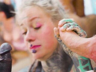 Squirting Fuckfest with Tattooed harlots and Large Knob anal-act of love ends with massive facials!