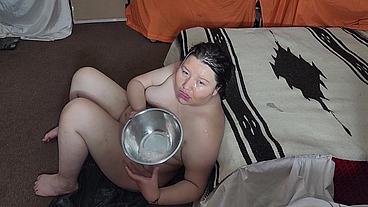 Very sloppy face fucking, collecting all the drool to bathe myself with it after the cumshot