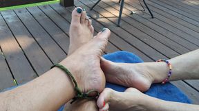 Showing off our pedicured toes and different sandals for you to stroke your meat and shoot all over them