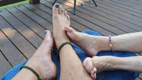 Showing off our pedicured toes and different sandals for you to stroke your meat and shoot all over them