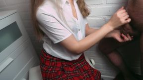 Girl Gives Her Boyfriend a Quick Handjob and He Cums on Her Blouse