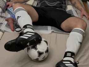 Masked soccer player jerks off in football gear sportswear socks and fucks himself with vibrating butt plug