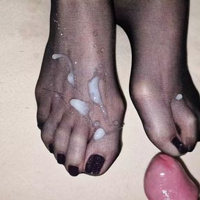 Shiny semen on wife&#039;s black nylon feet - black polish pedicure