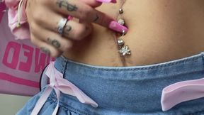 Belly Button Fingering Teen Long Nails Mini-Skirt Stomach Tummy Belly Fetish Button Hole Stretching Fingering My Belly Button With Acrylic Nails