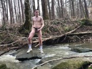 19 year old Jesse Gold jerks off and cums in a river then almost gets caught