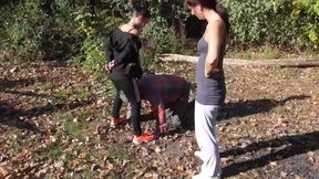 Dominant joggers walking their pet slave