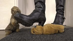 Cuddly toys used as a doormat and crushed