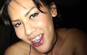 Two amateur ladyboys Judy and Lanta jerking and sucking a very lucky cock