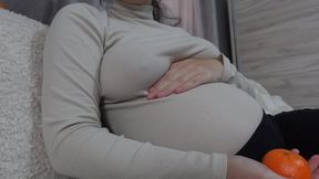 My Pregnant Stepsister talks to you and tells you how her days are going and how she is enjoying her pregnancy life. In between, she eats some fruit and tells you how she feels. Then she shows you her pregnant breasts, showing you that she already ha