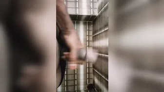 Twink masturbates big black cock and cums in bathroom