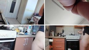 Sexy mom prepares breakfast, hairy pussy, big tits.