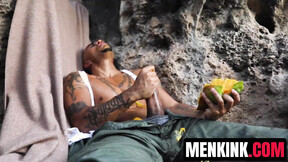 Bald dude King Noire entertains his aroused shaft while stranded & alone