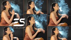 Smoking in a brown leather dress, nose exhales only