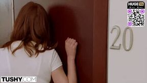 Brunette maid gives deepthroat to paramour in hotel room