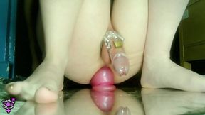 Caged Sissy Gushes Squirting on 10in Dildo Chastity Feet Cleanup Destroyed