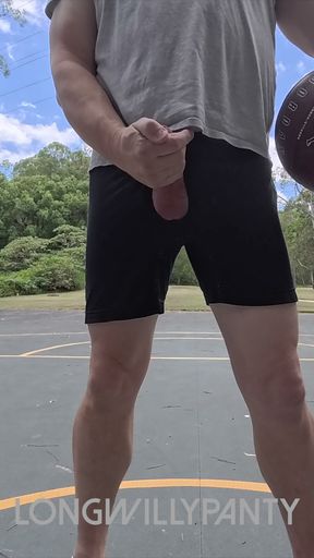 Straight guy hanging out his uncut cock at the public space.