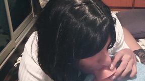 Naughty Trans Honey with Glossy Eyes Worships Cock with Bible in the Background