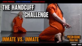 The Handcuff Challenge Inmate vs Inmate - two barefoot prisoner girls in orange jumpsuits must wrestle each other on a blue mat. the loser gets punished and spanked with a wooden paddle. females wrestling handcuffs in uniform. - 1080p - MOV