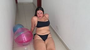 NICKY MASTURBATES HER PUSSY WITH HER NEIGHBOR'S INFLATABLE ON THE TERRACE