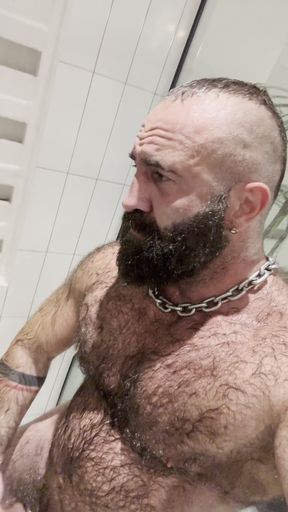 Verbal Muscle Bear Jerks His Big Cock with Cock Ring & Heavy Balls