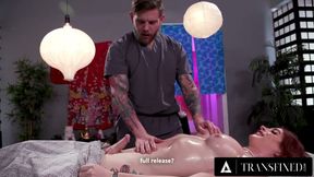 TRANSFIXED - Horny Cheateur Masseur Assfucks Wife's Oiled Up Trans Bestie Janie Blade