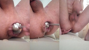 I jerking my sprained prolapse and show my rose from which a natural lubricant flows out.I also cum with help my huge tattooed cuck!