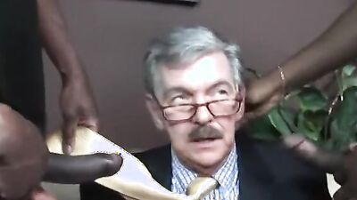 Old white guy is being double dicked by two black studs