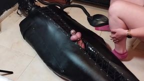 Femdom Feet Teasing Bondage Sack With Latex Breathplay And Cum Eating