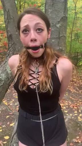 tied up in the woods with a gag in my mouth...he cuts off my top to reveal my tits to slap and clamp them with clothespins he teases me and whips me with a chain before leaving me there to see what w…