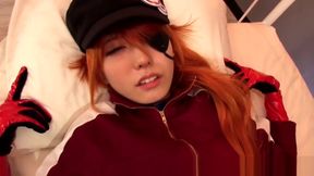 Busty Asian babe in latex cosplay takes a creampie