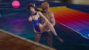 Dva in a swimsuit takes a bath in the pool until a muscular guy starts to fuck her in cowgirl