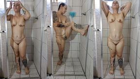 curious goddess - taking a shower, showing the soles of her feet, her small breasts, her hairy pussy and big ass