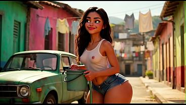 Hot Slim Favelada With Huge Ass Washes Car Wearing Tiny Wet Bikini Then Gets Fully Naked Covered In Thick Foam