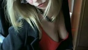 Sexy blonde cougar and her deep cleavage showing saggy tits