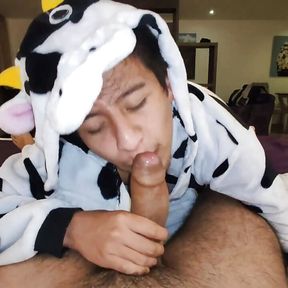 Dreichwe in a cow pijama sucking and riding my big uncut cock until he earns my hot milk