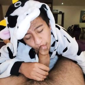 Dreichwe in a cow pijama sucking and riding my big uncut cock until he earns my hot milk