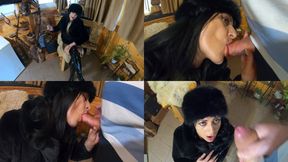Smoking Tease, Deep Blowjob & Cum on My Fur Coat and Hat