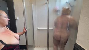 Domina Satana and Satana's Piggy in the Shower.