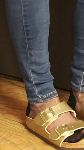 Golden Mules & Black Nylons - Sensual Shoe Removal