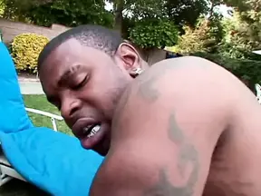 Black stud fucks curvy black slut on a lawn chair