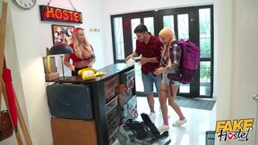 Quicky with sexy girlfriend turns into a threesome when busty MILF staff gets horny