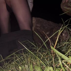 Teen boy night flash near city in pantyhose