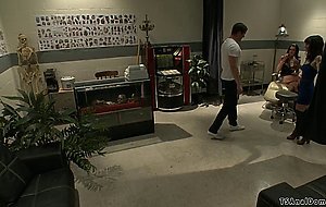 TS tattoo shop owner threesome